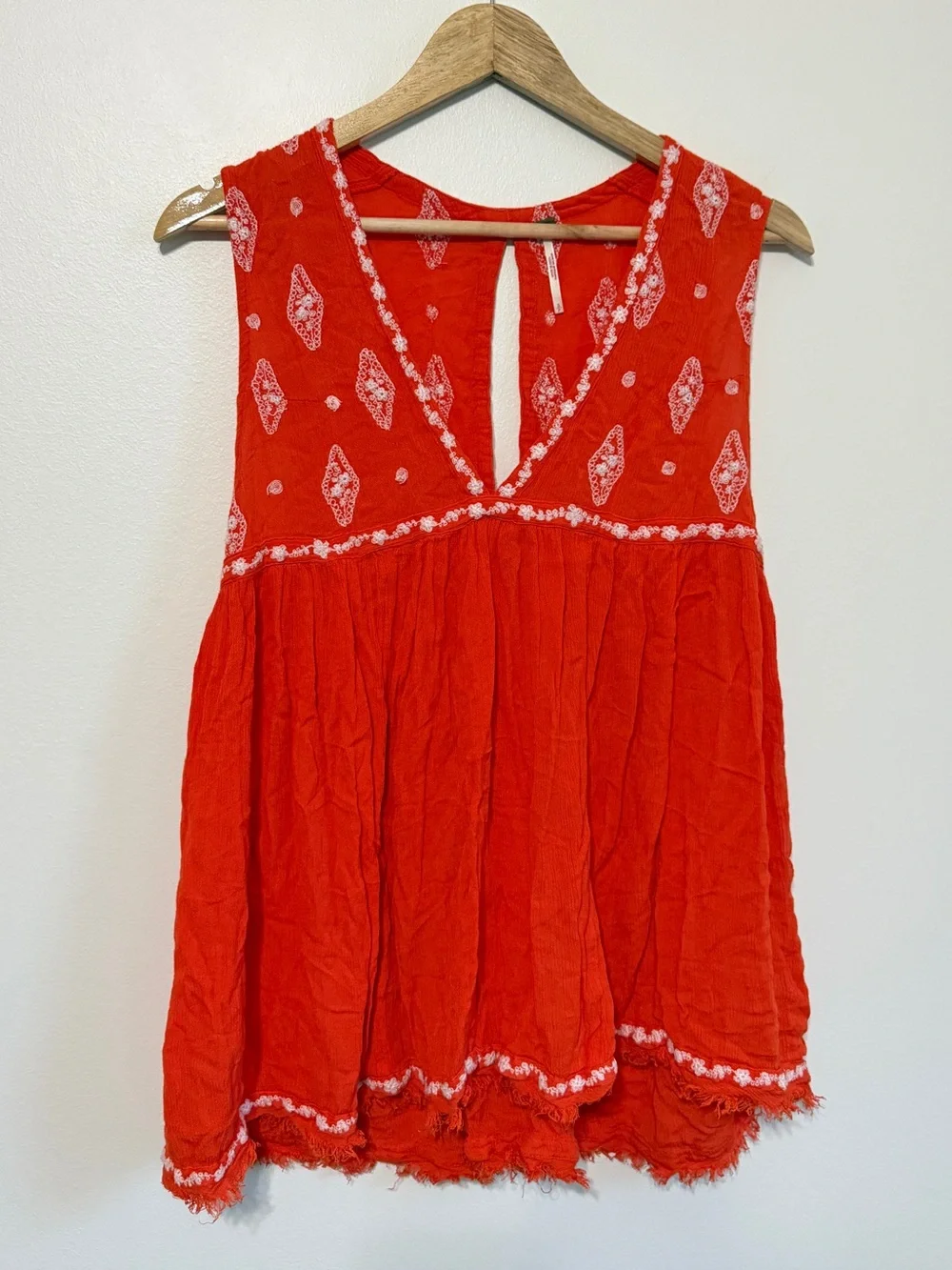 Free People Embroidered Tunic Top Size Small Diamond Orange Boho Beach